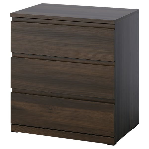 STORKLINTA Cómoda de 3 cajones, café oscuro/efecto roble Función de anclaje/desbloqueo, 70x48x75 cm