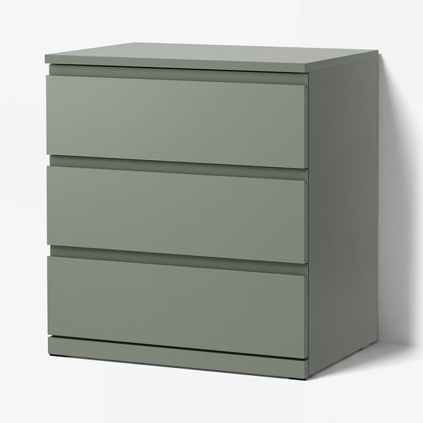 STORKLINTA Cómoda de 3 cajones, Gris/verde/Función de anclaje/desbloqueo, 70x48x75 cm
