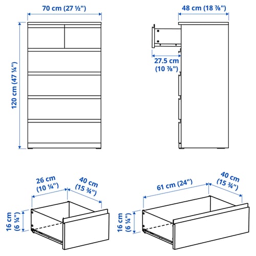 STORKLINTA Cómoda de 6 cajones, blanco/Función de anclaje/desbloqueo, 70x48x120 cm