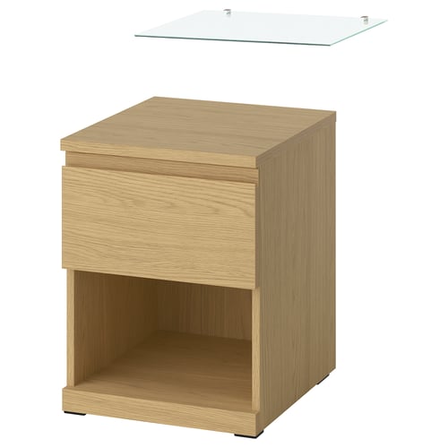 STORKLINTA, efecto roble/con 1 cajón con parte superior de vidrio, 40x48x53 cm