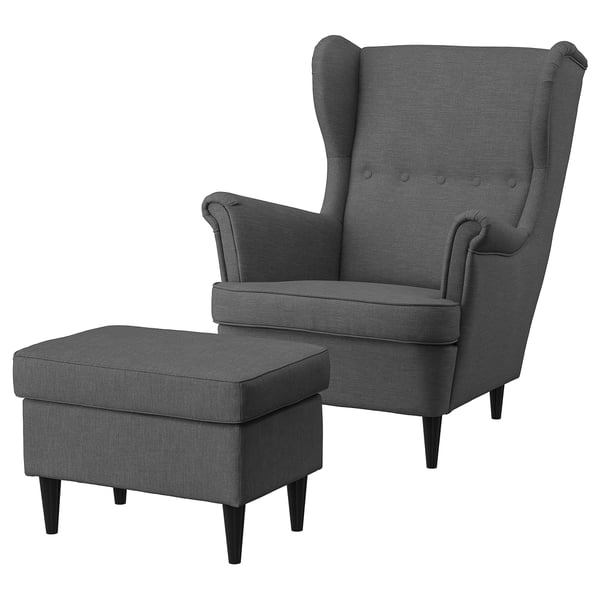 STRANDMON Sillón orejero con taburete, Nordvalla gris oscuro