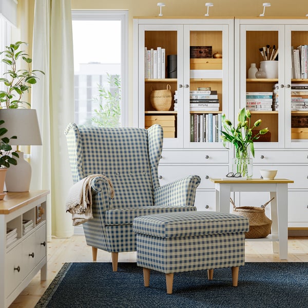 STRANDMON Taburete con almacenaje, Sulviken azul/beige