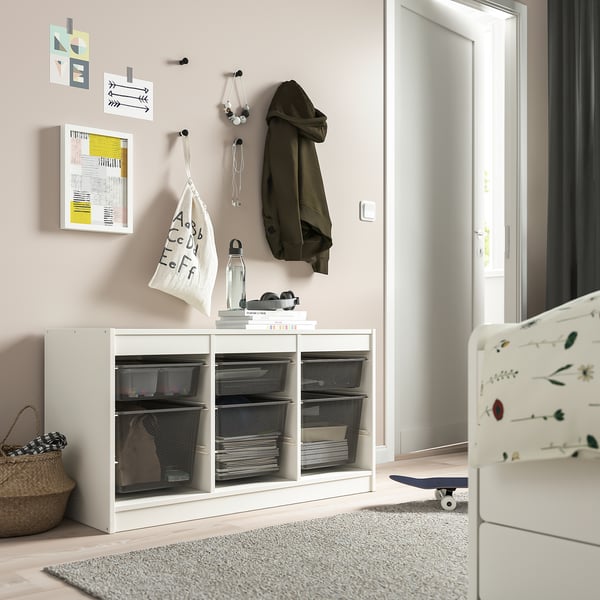 TROFAST Combinación de almacenaje con cajas, blanco/gris oscuro, 99x44x56 cm