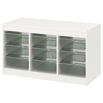 TROFAST Combinación de almacenaje con cajas, blanco/gris verde claro, 99x44x56 cm