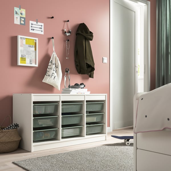 TROFAST Combinación de almacenaje con cajas, blanco/gris verde claro, 99x44x56 cm