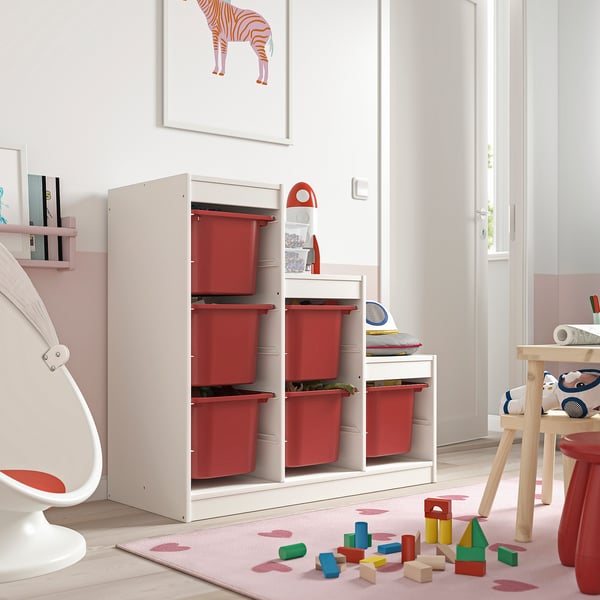 TROFAST Combinación de almacenaje con cajas, blanco/rojo, 99x44x94 cm