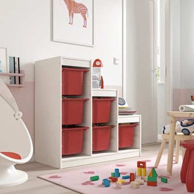 TROFAST Combinación de almacenaje con cajas, blanco/rojo, 99x44x94 cm
