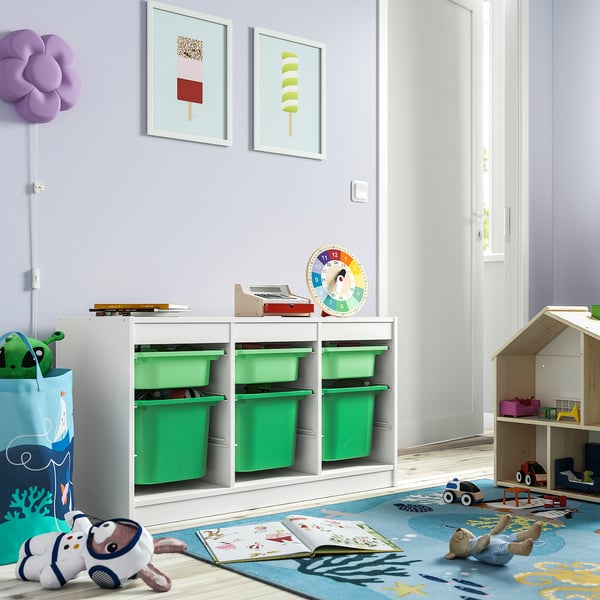 TROFAST Combinación de almacenaje con cajas, blanco Verde claro/verde vivo, 99x44x56 cm