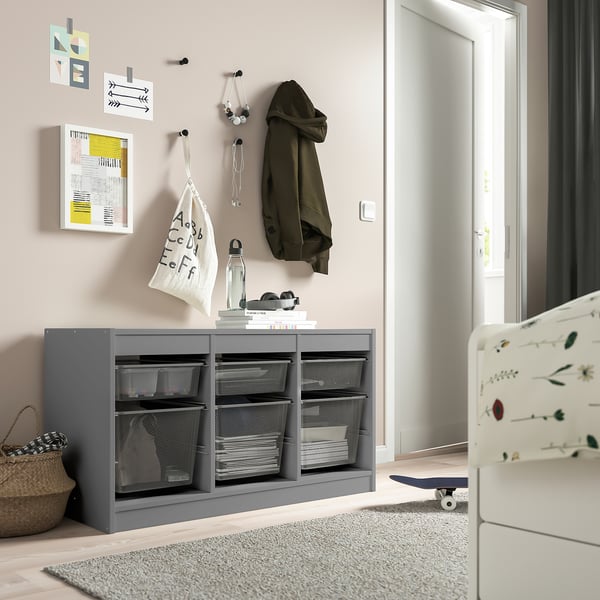 TROFAST Combinación de almacenaje con cajas, gris/gris oscuro, 99x44x56 cm