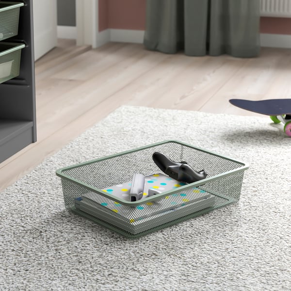 TROFAST Combinación de almacenaje con cajas, gris/gris verde claro, 99x44x56 cm