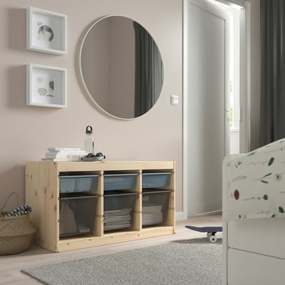 TROFAST Combinación de almacenaje con cajas, pino tte claro azul grisáceo/gris oscuro, 93x44x52 cm