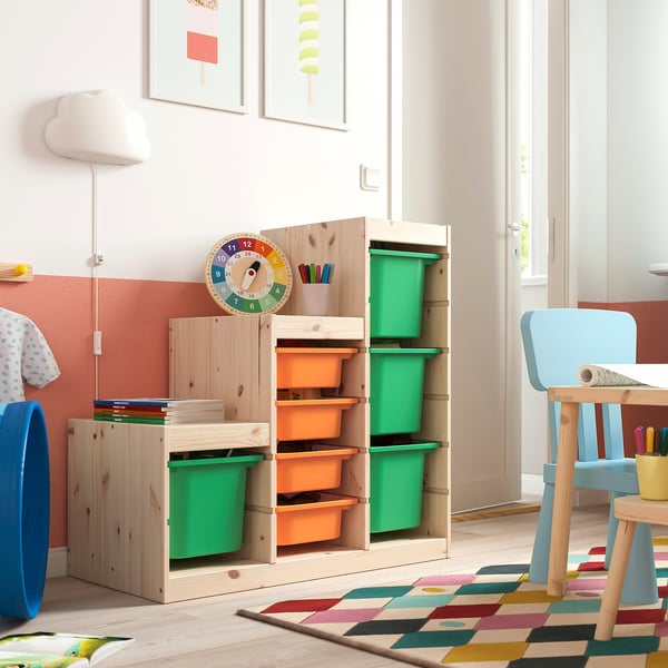 TROFAST Combinación de almacenaje con cajas, pino tte claro naranja claro/verde vivo, 94x44x91 cm
