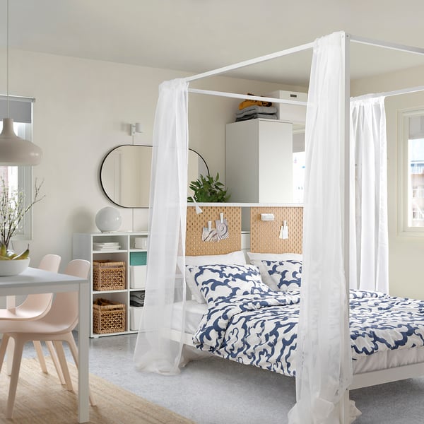 VITARNA Base de cama con dosel, blanco Luröy/Skådis madera, Matrimonial