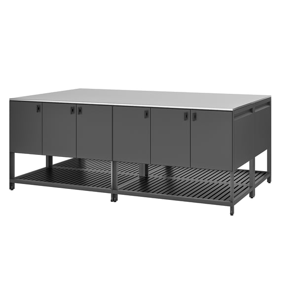 Modern outdoor kitchen: grey BÅTSKÄR with stainless steel top, metal body, cabinet doors, and shelves for storage.