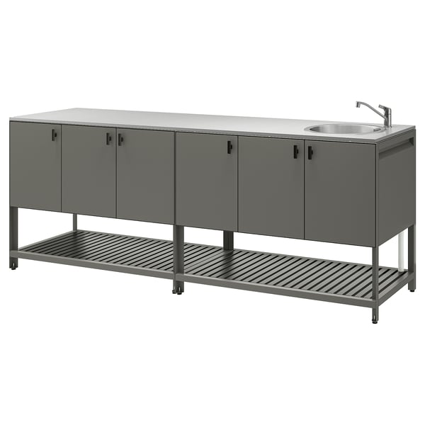 BÅTSKÄR Outdoor kitchen with sink unit, dark grey, 240x60 cm