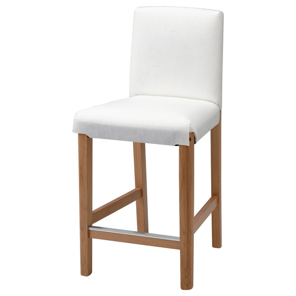 A white BERGMUND barstool with a light wood frame and backrest. It a comfortable, padded seat and supportive back.