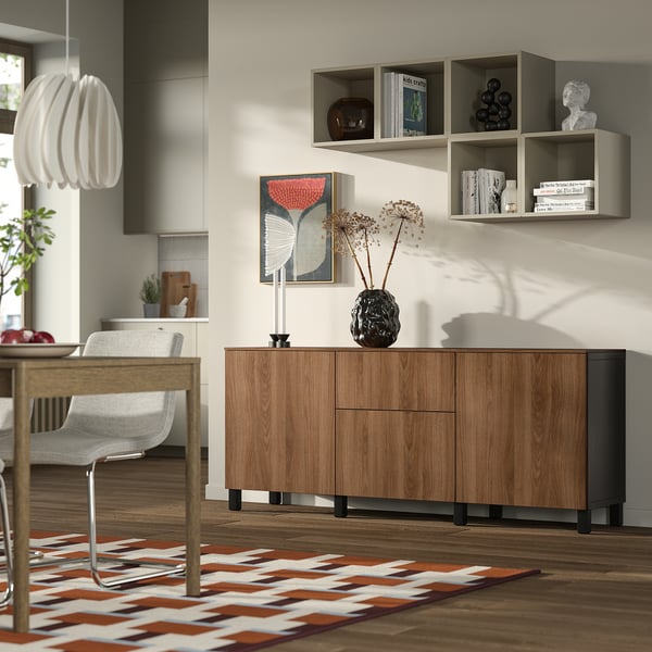 BESTÅ Storage combination with drawers, black-brown Lappviken/Stubbarp/brown walnut effect, 180x42x75 cm