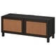 A modern black BESTÅ tv bench with woven front panels, ample storage, and cable management solutions.