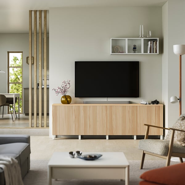 BESTÅ TV bench with doors, white/Björköviken/Stubbarp oak veneer, 240x42x76 cm