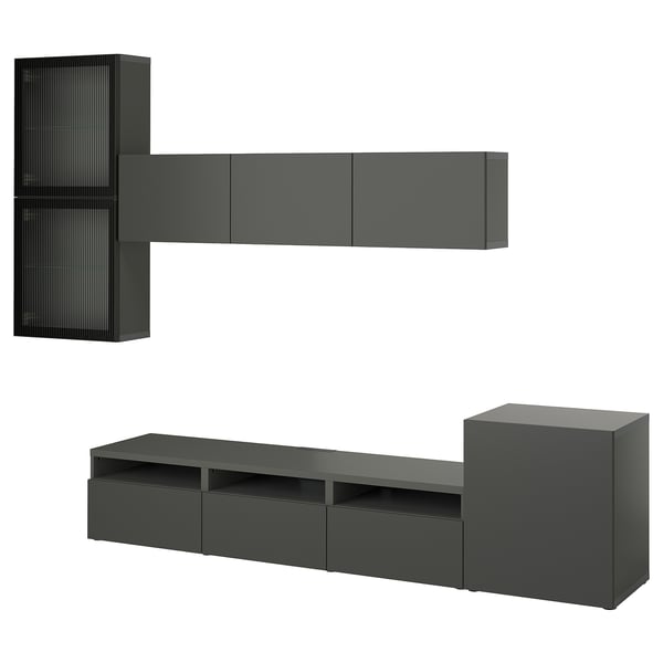 Modern dark grey modular tv stand and shelves, minimalist and functional design.