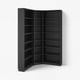 Black BILLY bookshelf, an empty wooden corner unit with multiple shelves, modern and minimalistic design.
