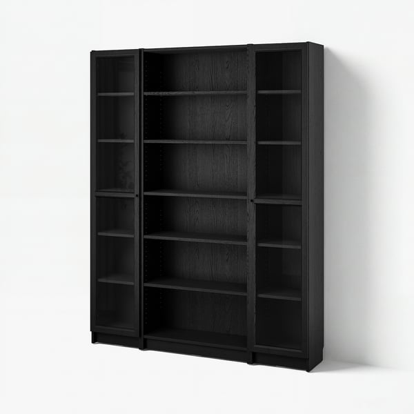 Black wooden BILLY bookcase with glass doors, shallow shelves, and a simple design.
