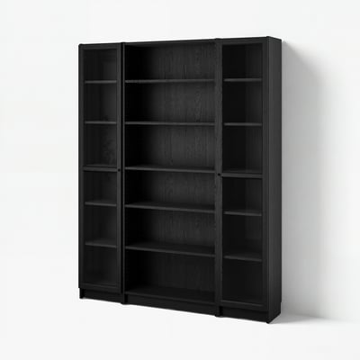 Black wooden BILLY bookcase with glass doors, shallow shelves, and a simple design.