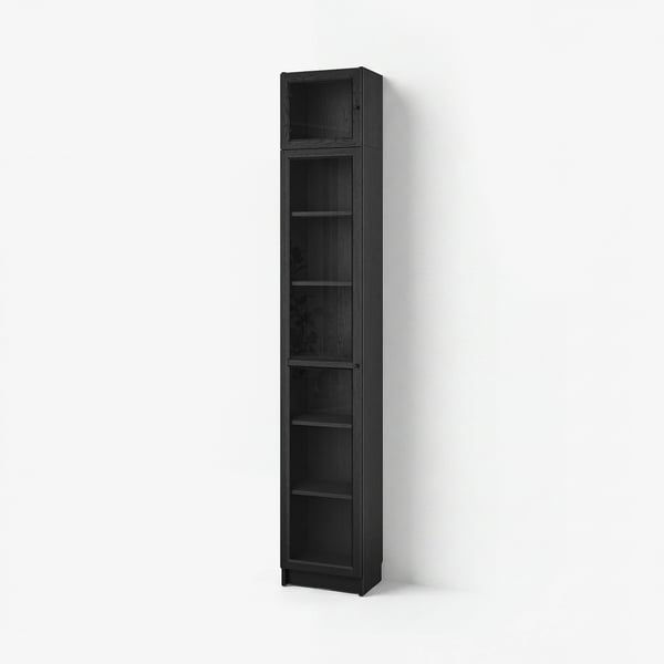 A tall black BILLY bookcase. It has six empty shelves and glass doors at the top. Its sleek and modern design is perfect for storage.