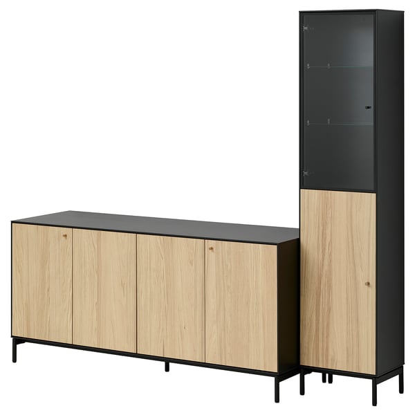 BOASTAD furniture in black and wood. It a long sideboard with four doors and a tall cabinet with glass top. Modern, sleek design.