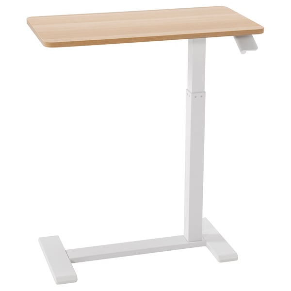 Modern adjustable desk, BOLLSIDAN, white legs, light wooden top, minimalist design, easy-move castors, height adjustable.