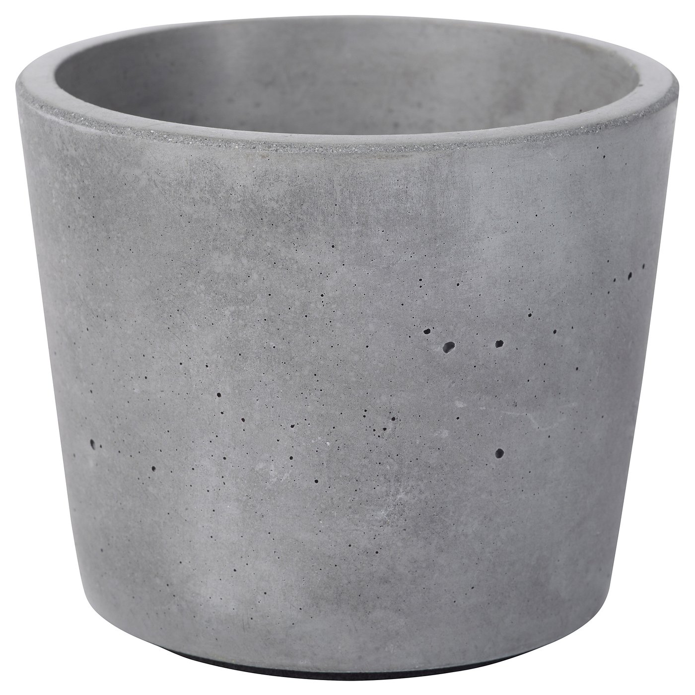 Round grey concrete planter, indoor/outdoor use, unique texture, soft feet.