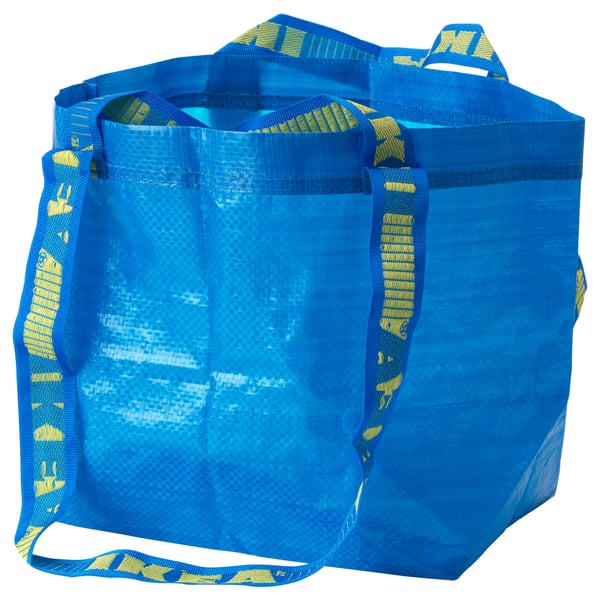 Blue plastic BRATTBY shopping bag, sturdy handles, rectangular shape.