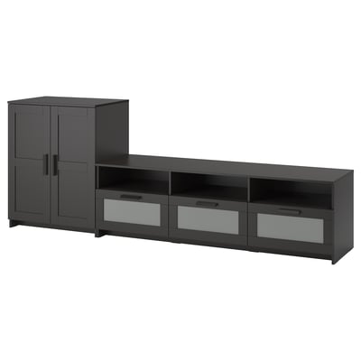 Dark grey modern tv stand with cabinet, drawers, and open shelves. Clean, angular design with glass fronted drawers.