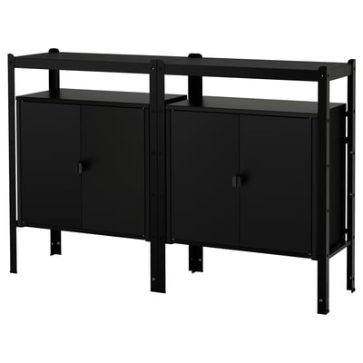 A black BROR storage unit with two cabinets and a shelf. The modern design includes metal framing and doors, perfect for various rooms.