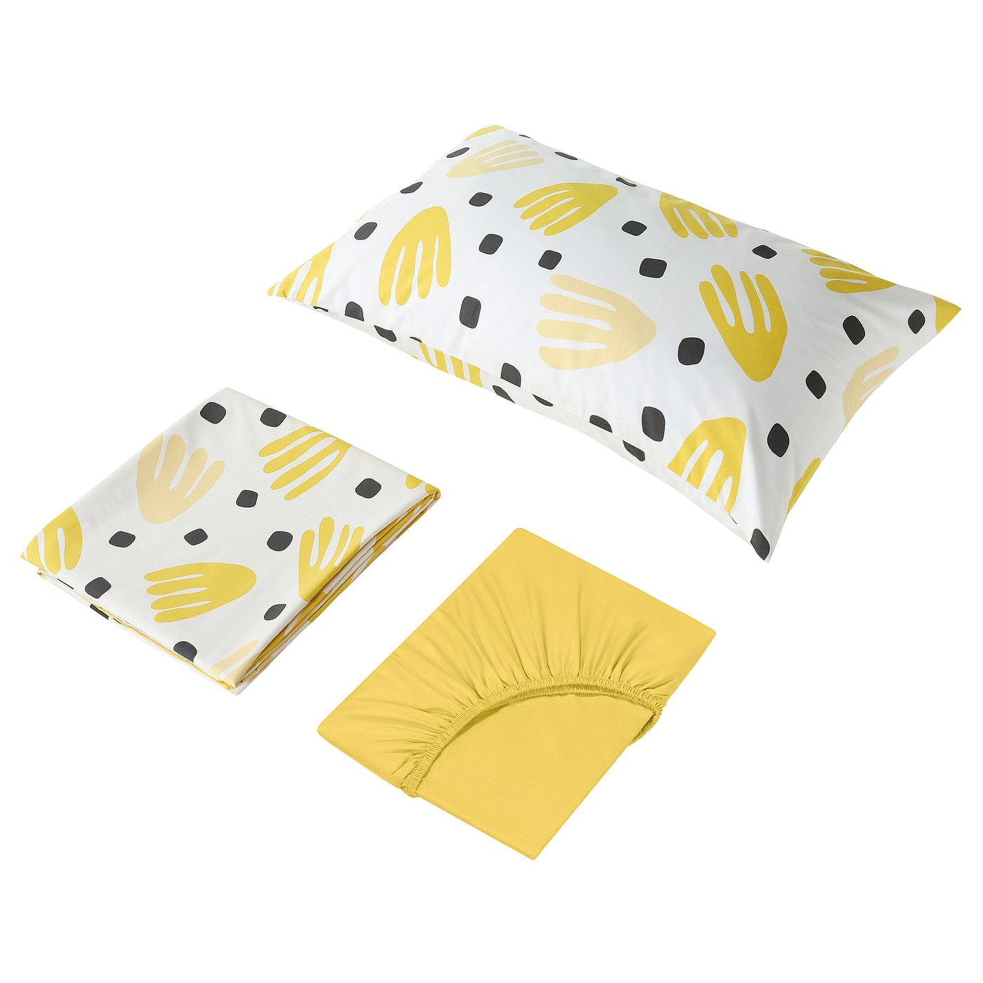 Three yellow patterned bed linens: one pillowcase, one folded flat sheet, and one fitted sheet laid out in a bright white background.