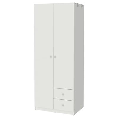 White BRUKSVARA wardrobe: 2 doors, 2 drawers, storage shelves - minimalist design.