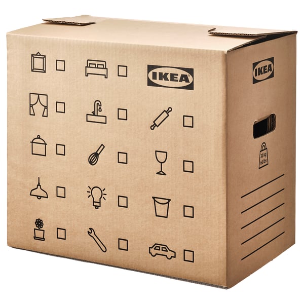 Ikea DUNDERGUBBE cardboard box, brown, with various icons, foldable, for moving.