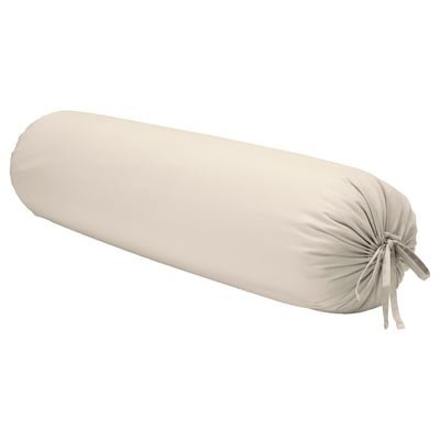 A DVALA cream-colored cylindrical bolster pillow with a tied end, made of 100% cotton.