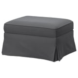 EKTORP grey footstool, rectangular with gathered skirt, made from recycled polyester.