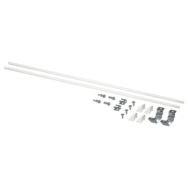 ENHET kitchen island assembly parts: white rods, metal brackets, and screws.