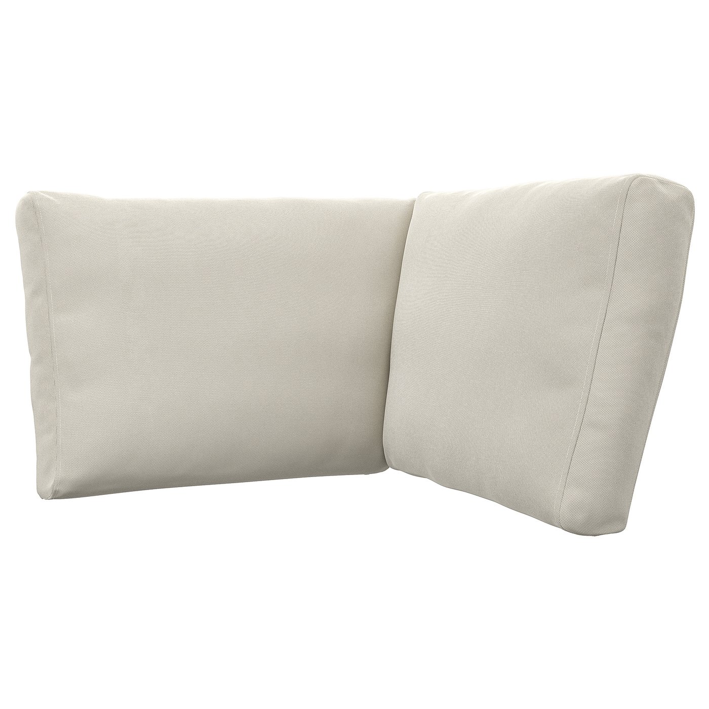 Cream-colored, l-shaped sofa cushion, smooth texture, polyester cover.