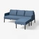 Modern blue l-shaped sofa, sleek legs, thick cushions.