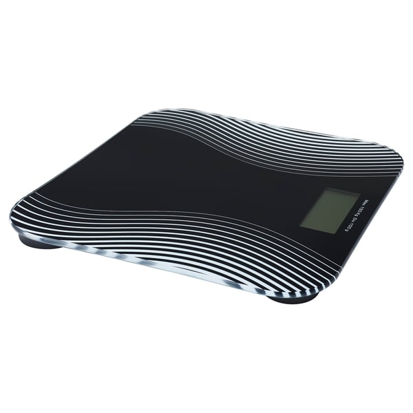 The hålen black electronic scale with white wave design, rectangular and with digital display.