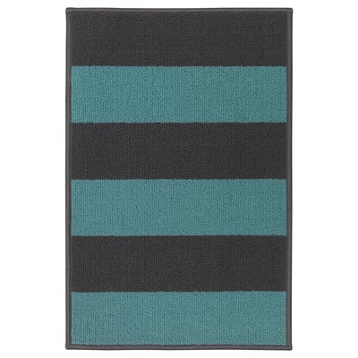 HALSTED striped door mat, grey and turquoise, rectangular with non-slip backing.