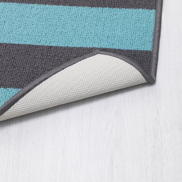 Striped door mat with rubber backing. Turquoise, grey, white. Quality textured surfaces.