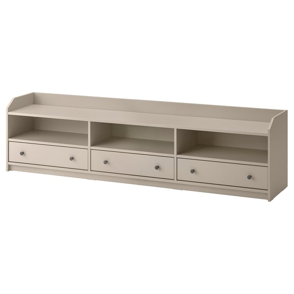 Hågua tv bench, beige. Three drawers, wide, wall-safe design.