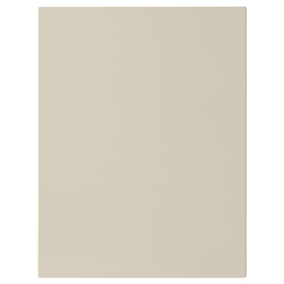 A beige HAVSTORP cabinet door with smooth lines. Square shape, plain design, and acrylic paint finish.