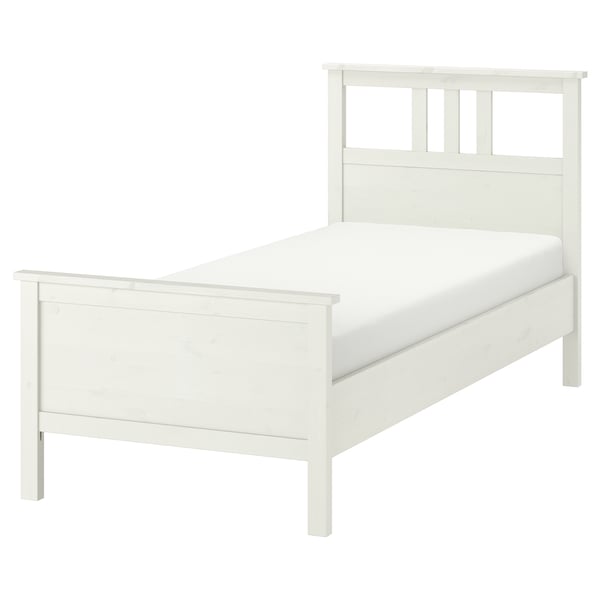 White HEMNES single bed, sleek and modern, wood material, clean lines, high headboard, adjustable sides.