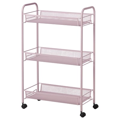 A pink HORNAVAN metal storage trolley with three mesh shelves on wheels.