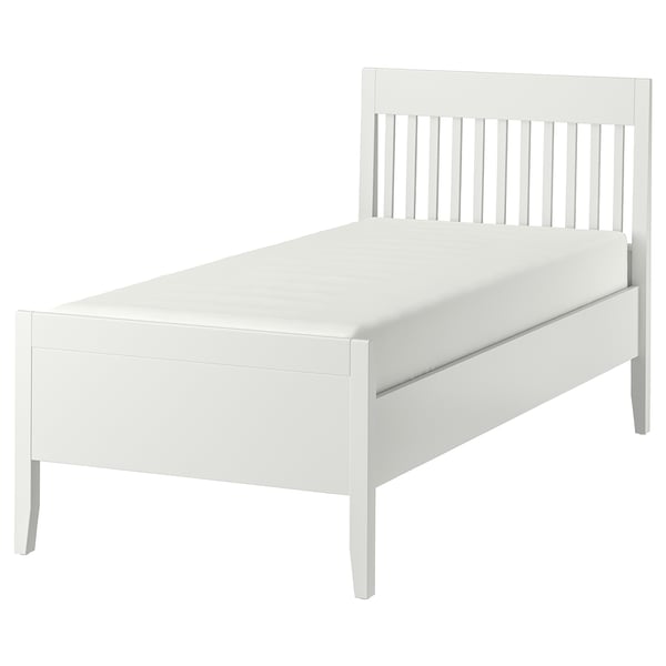 A white IDANÄS bed frame. It vertical slats on the headboard and has a sturdy, clean design with adjustable bed sides.